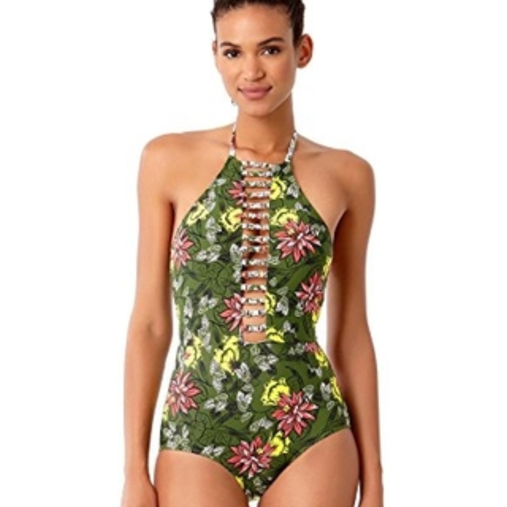 Anne Cole Green Floral High Neck One Piece Suit